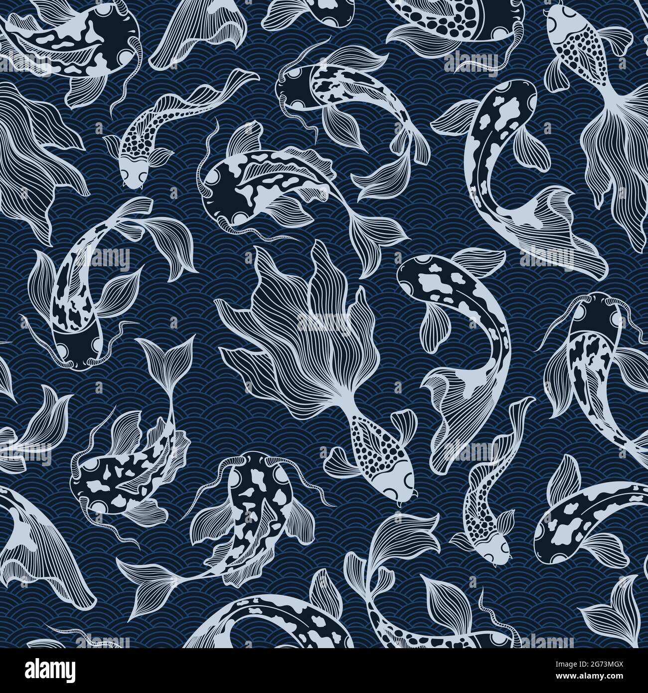 Japanese Koi Fish Vector Seamless Pattern in Deep Blue Colors for Fabric Textile Stock Vector