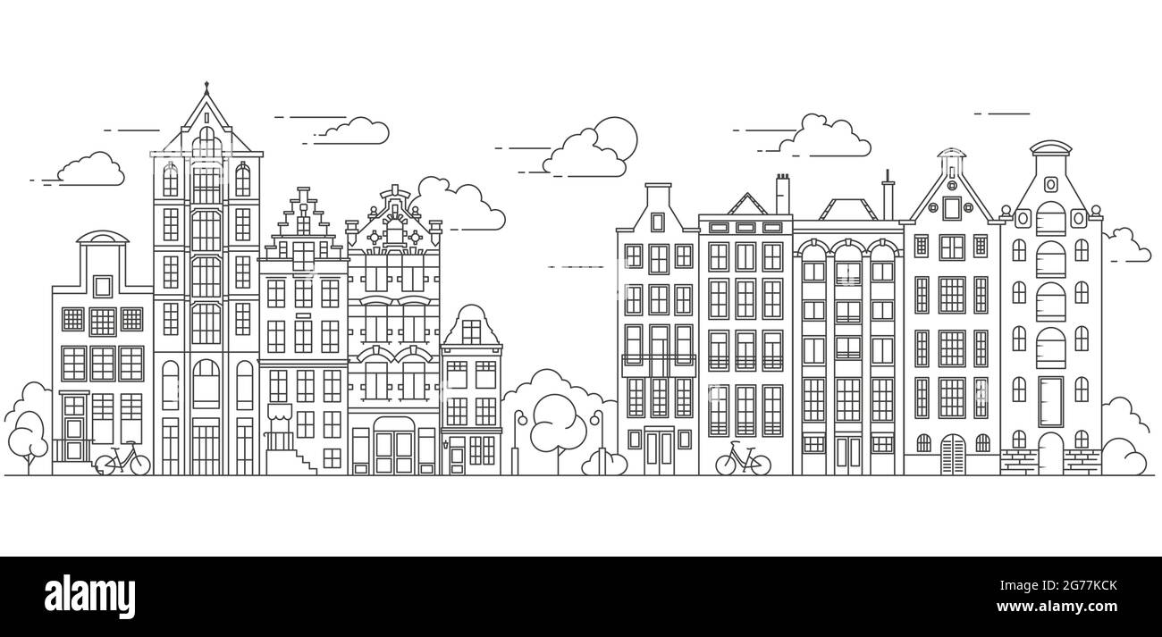 Amsterdam old-style houses. Typical dutch canal houses lined up near a canal in the Netherlands. Building and facades for Banner or poster. Vector lin Stock Vector