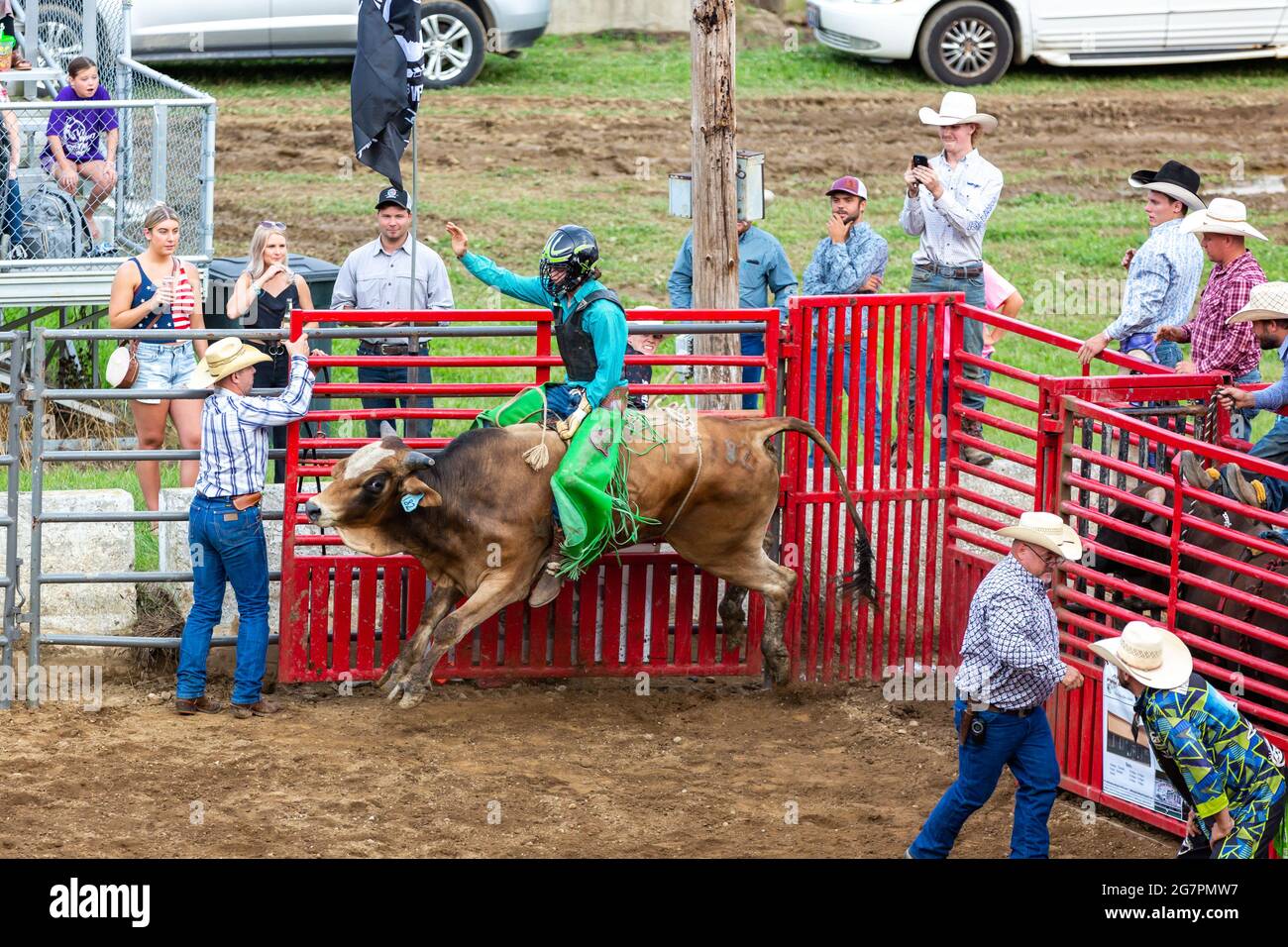 A cowboy rides an angry bull at a rodeo at the Noble County Fairgrounds in Kendallville, Indiana, USA. Stock Photo