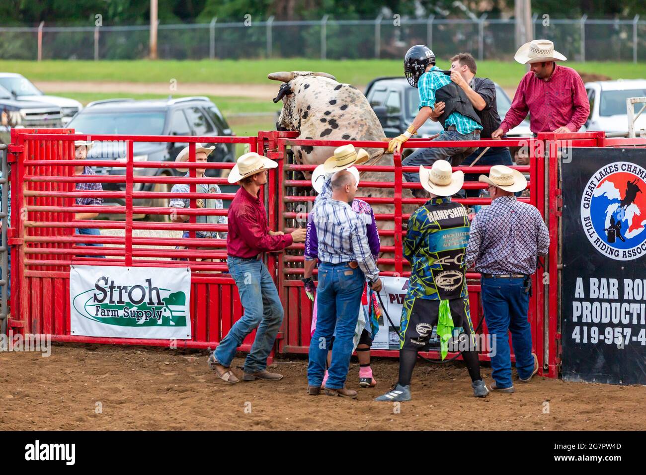 An angry bull attempts to escape the bullpen prior to a rodeo event at the Noble County Fairgrounds, Kendallville, Indiana, USA Stock Photo