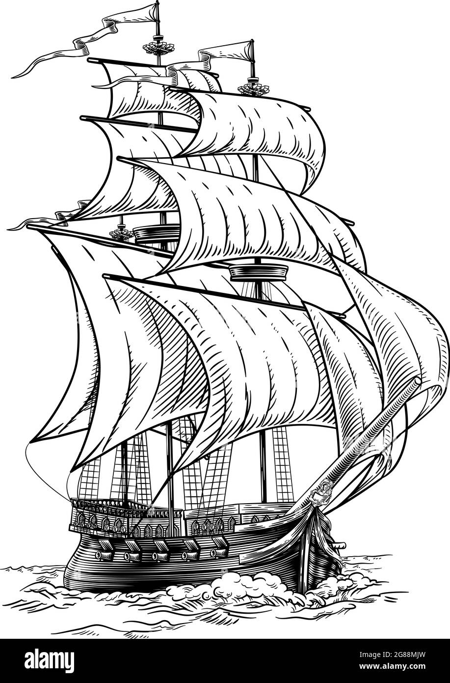 Old Fashioned Ship Vintage Etching Woodcut Style Stock Vector