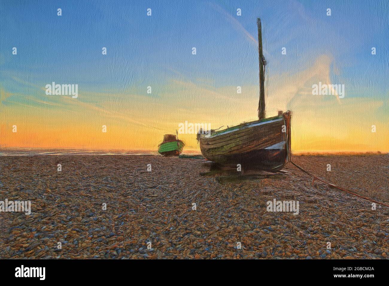 Abandoned boats shipwrecks on dungeness beach, a couple of many washed up after a severe storm. Given a painted and textured appearance. Stock Photo