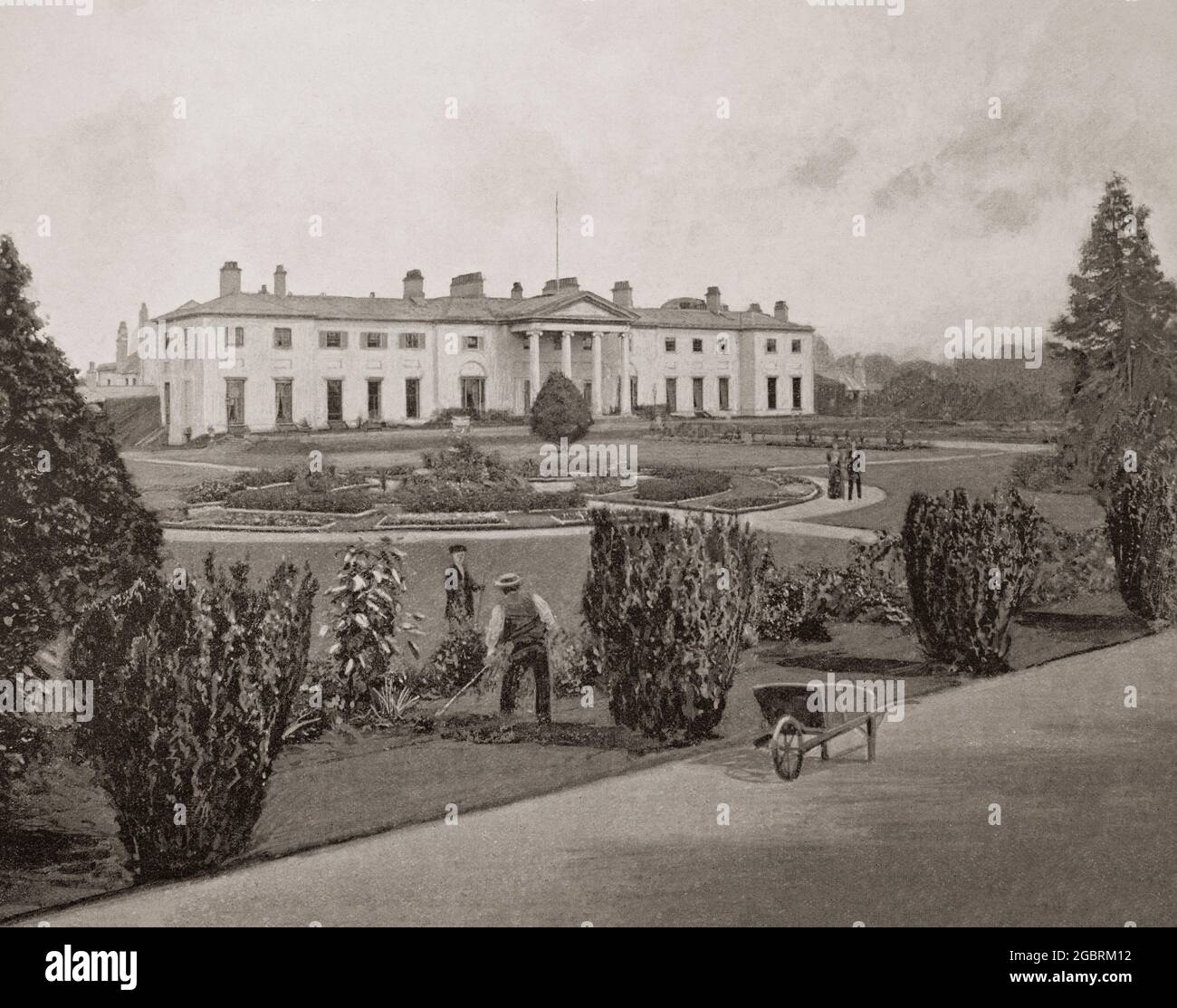 A late 19th century view of  the Vice-Regal Lodge in Dublin's Phoenix Park, Ireland, with a design credited to amateur architect Nathaniel Clements but more likely guided by professionals (John Wood of Bath, Sir Edward Lovett Pearce and Richard Castle) and completed around 1751 to 1757. It was in the grounds in 1882, the Chief Secretary for Ireland, Lord Frederick Cavendish, and his undersecretary, Thomas Henry Burke, were stabbed to death with surgical knives while walking back to the residence from Dublin Castle. A small insurgent group called the Irish National Invincibles was responsible. Stock Photo