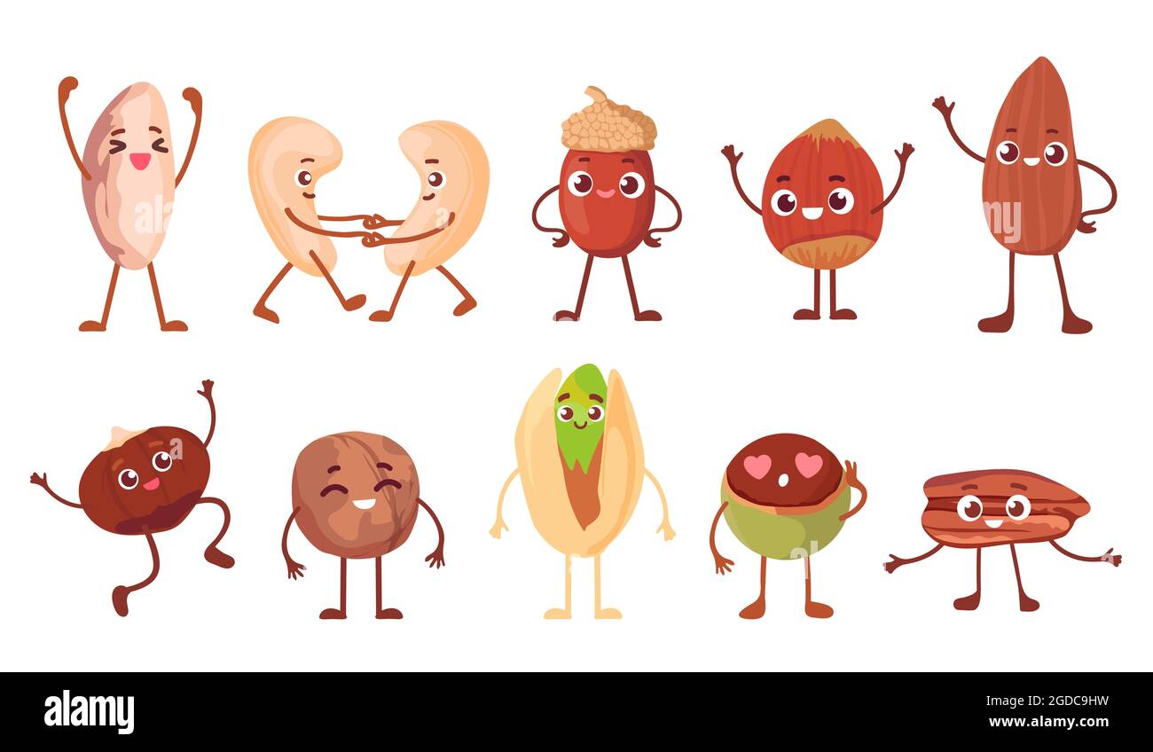 Cartoon funny nut, bean and seed characters with faces. Happy walnut, oak acorn, peanut, almond and cashew. Healthy snack mascot vector set Stock Vector