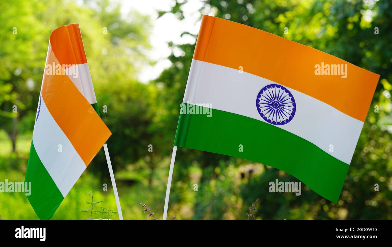 Two Indian national Tricolor flag holding in hand. Independence Day and Republic Day of India. Flying Indian Tiranga flag close-up view, 15 August. Stock Photo