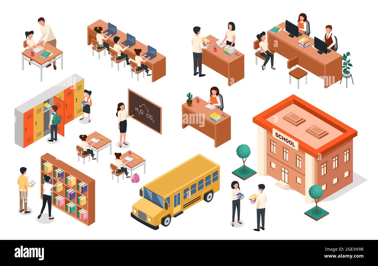 Isometric school. Teacher at blackboard, pupils sitting at desks. School building and bus, classroom furniture. Teachers and students vector set. Pupils hiding books into lockers, reading in library Stock Vector