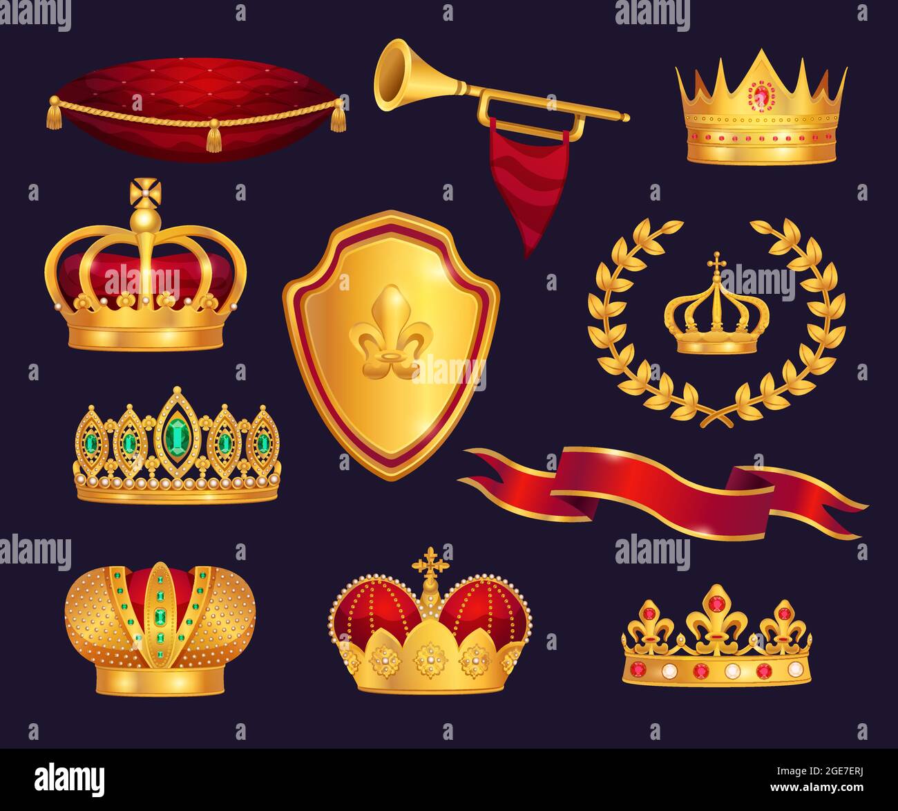 Monarchy attributes heraldic symbols realistic set with gold crowns tiara trumpet laurel wreath ceremonial cushion vector illustration Stock Vector