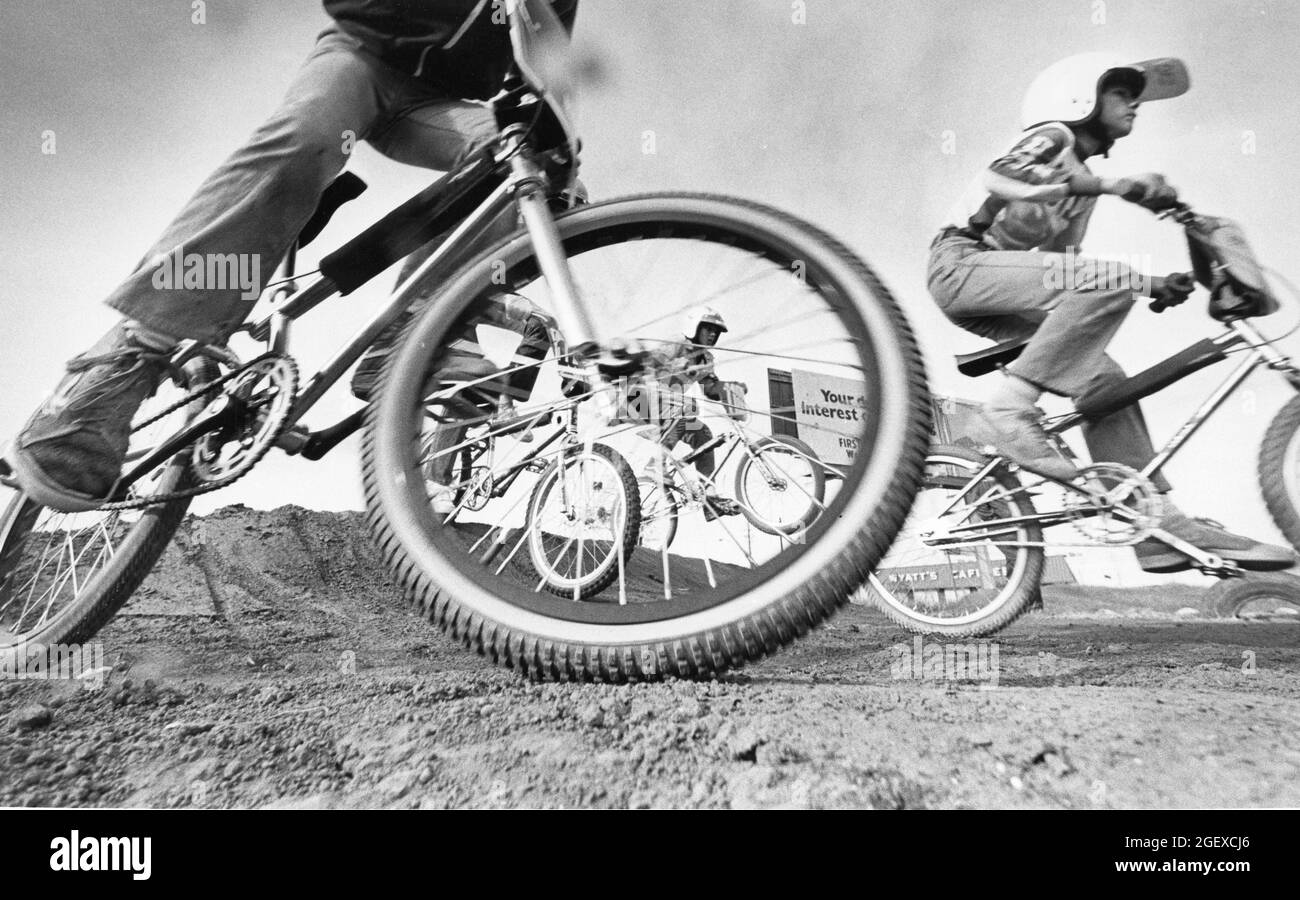 Austin Texas USA, circa 1984: Teen boys compete in bicycle motocross race. ©Bob Daemmrich Stock Photo