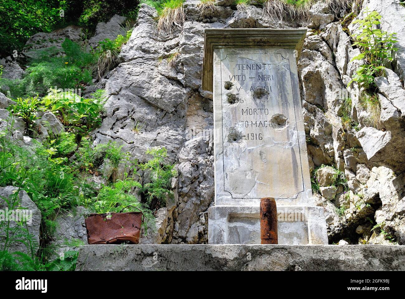 Slovenia, Planina Zaprikraj. Monument dedicated to WWI alpine lieutenent Vito Neri, died on 1916. The monument was aimed at by Yugoslav partisans, who shot at it with a machine gun during WWII. Stock Photo