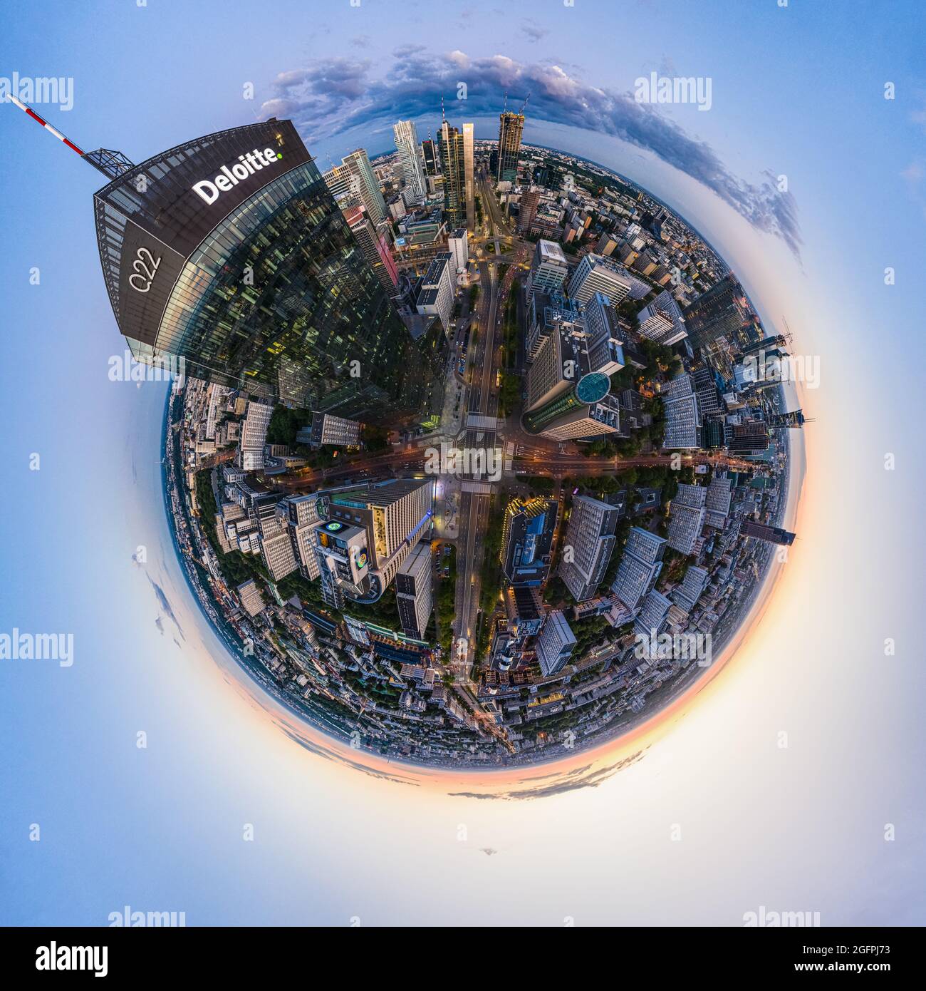 Little planet panorama of Warsaw skyscrapper Q22 with Deloitte offices Stock Photo