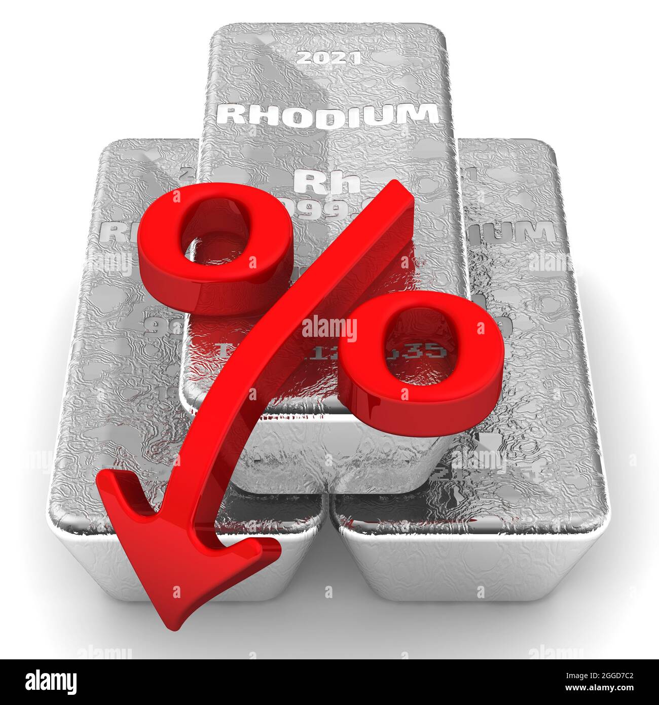 Decrease in the value of rhodium. There are three ingots of 999.9 Fine Rhodium and one red percentage symbol with an arrow pointing down Stock Photo