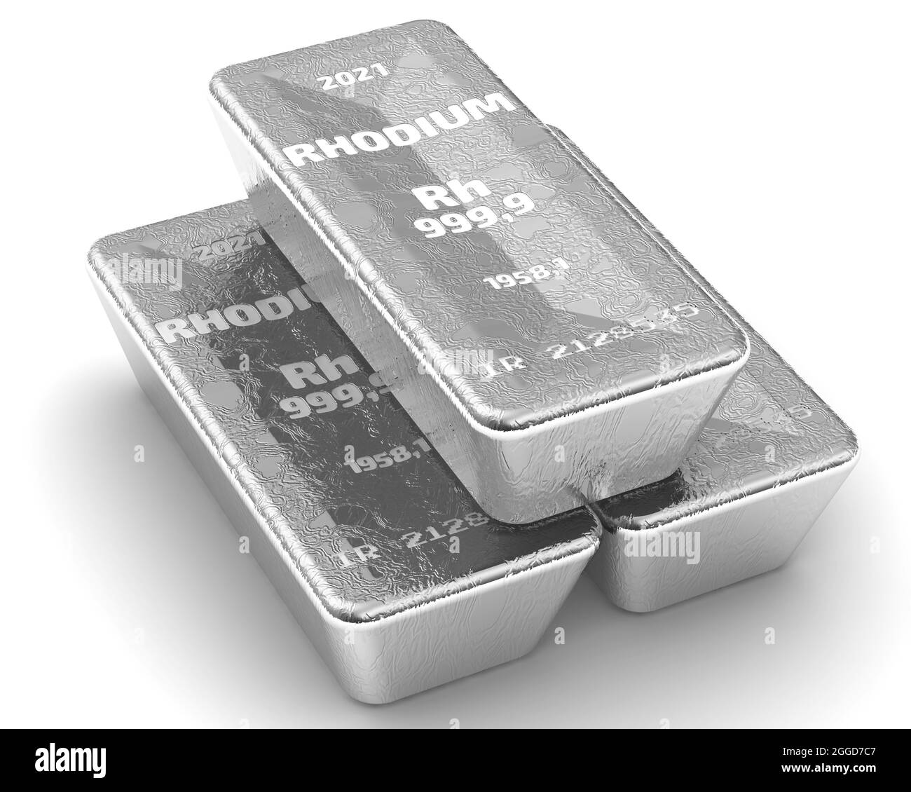 Rhodium. Ingots of the highest standard. There are three ingots of 999.9 Fine Rhodium bars on white background. 3D illustration Stock Photo