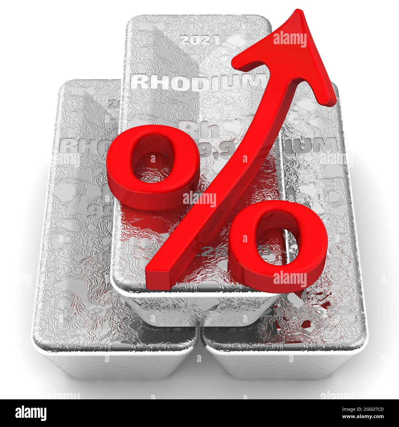 The rise in the value of rhodium. There are three ingots of 999.9 Fine Rhodium and one red percentage symbol with an arrow pointing upward Stock Photo