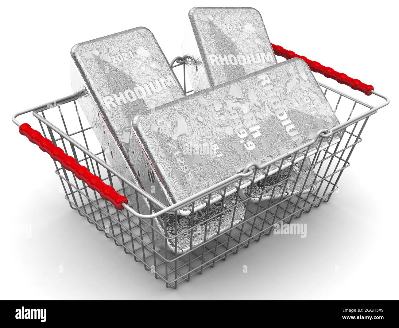 Buying rhodium ingots. There are three ingots of 999.9 Fine Rhodium in the grocery basket. 3D illustration Stock Photo