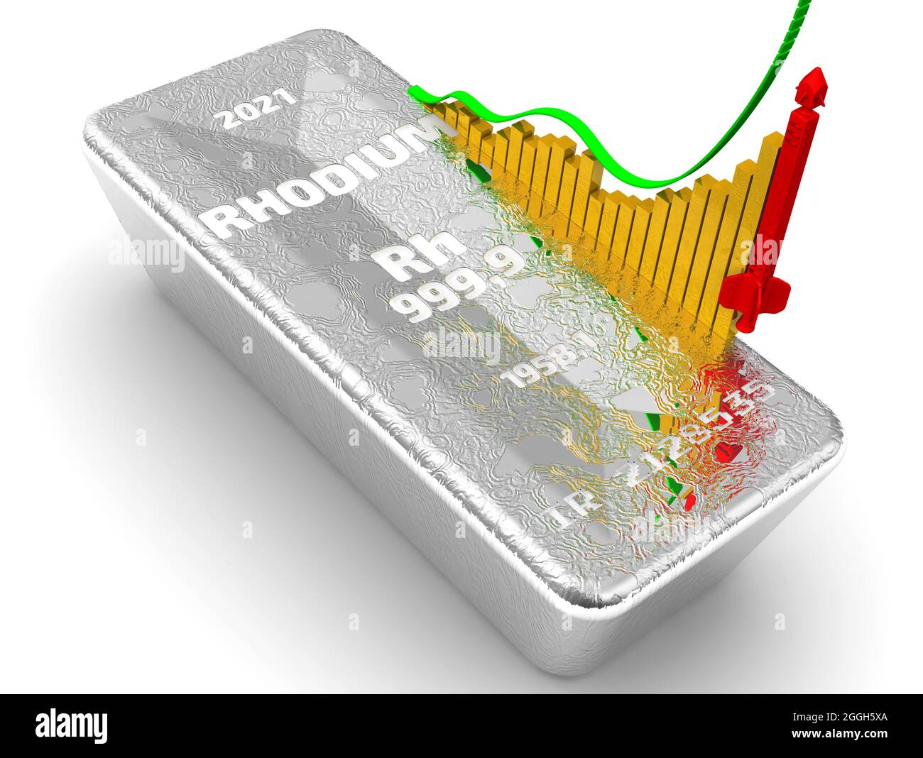 The rise in the value of rhodium. One ingot of 999.9 Fine Rhodium and a graph of rapid growth with conceptual red rocket. 3D illustration Stock Photo