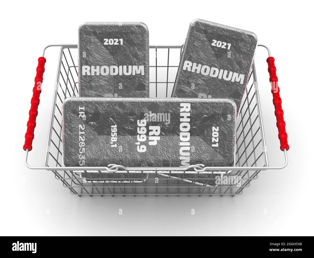 Buying rhodium ingots. There are three ingots of 999.9 Fine Rhodium in the grocery basket. 3D illustration Stock Photo