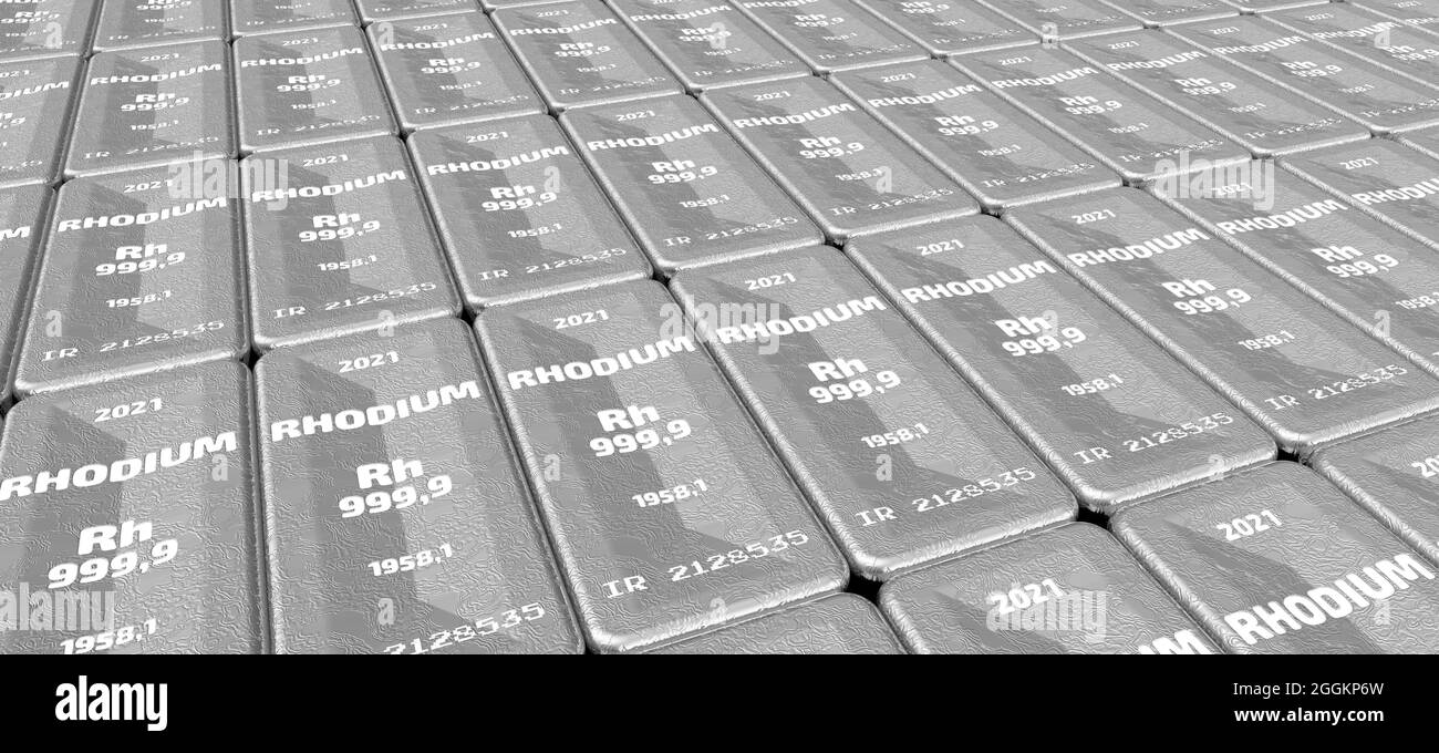 The highest standard rhodium bars. Lots of ingots of 999.9 Fine Rhodium lie in a row. Background. 3D illustration Stock Photo