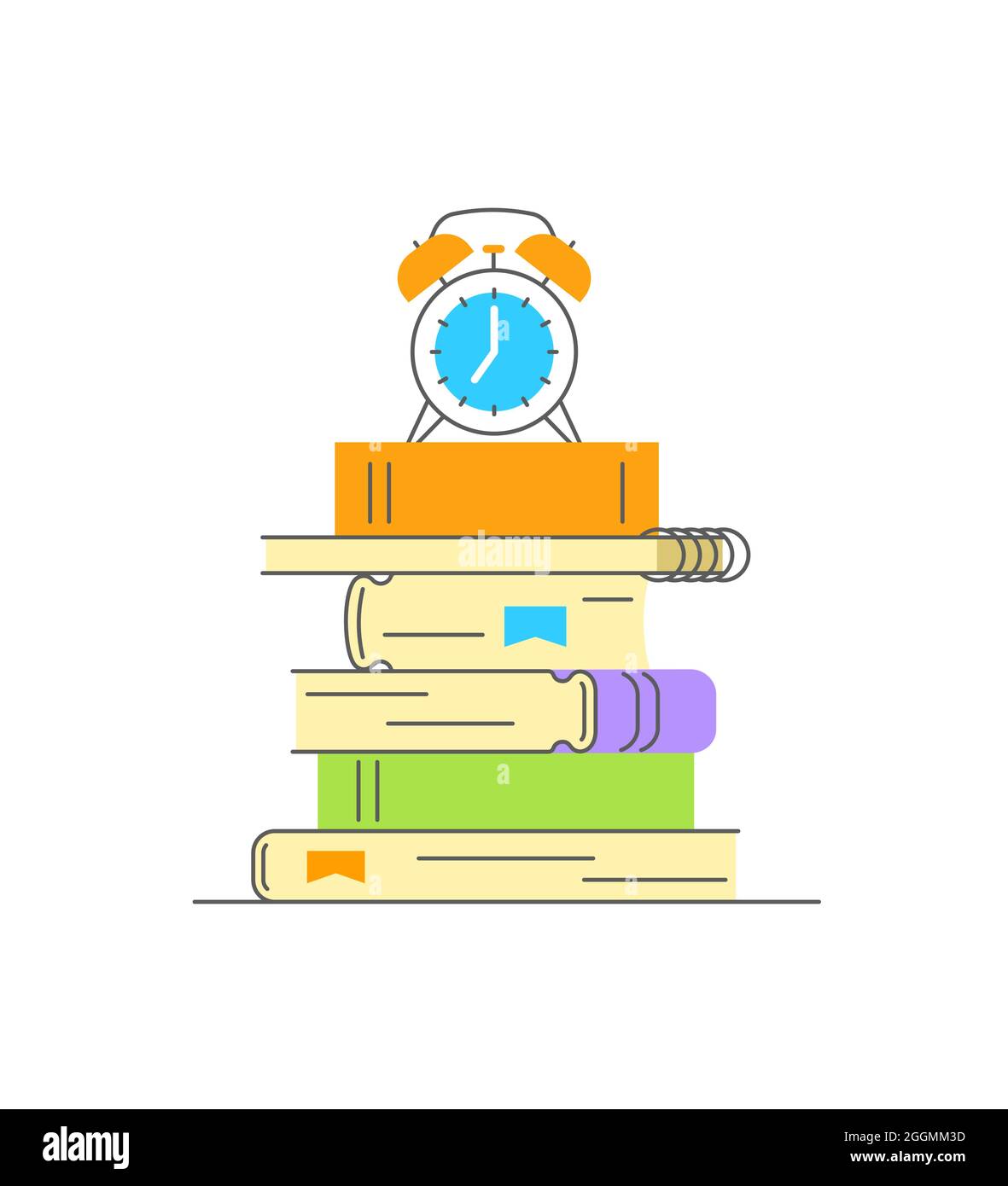 Stack of books with alarm clock on the top. Education concept. Back to school flat linear illustration Stock Vector