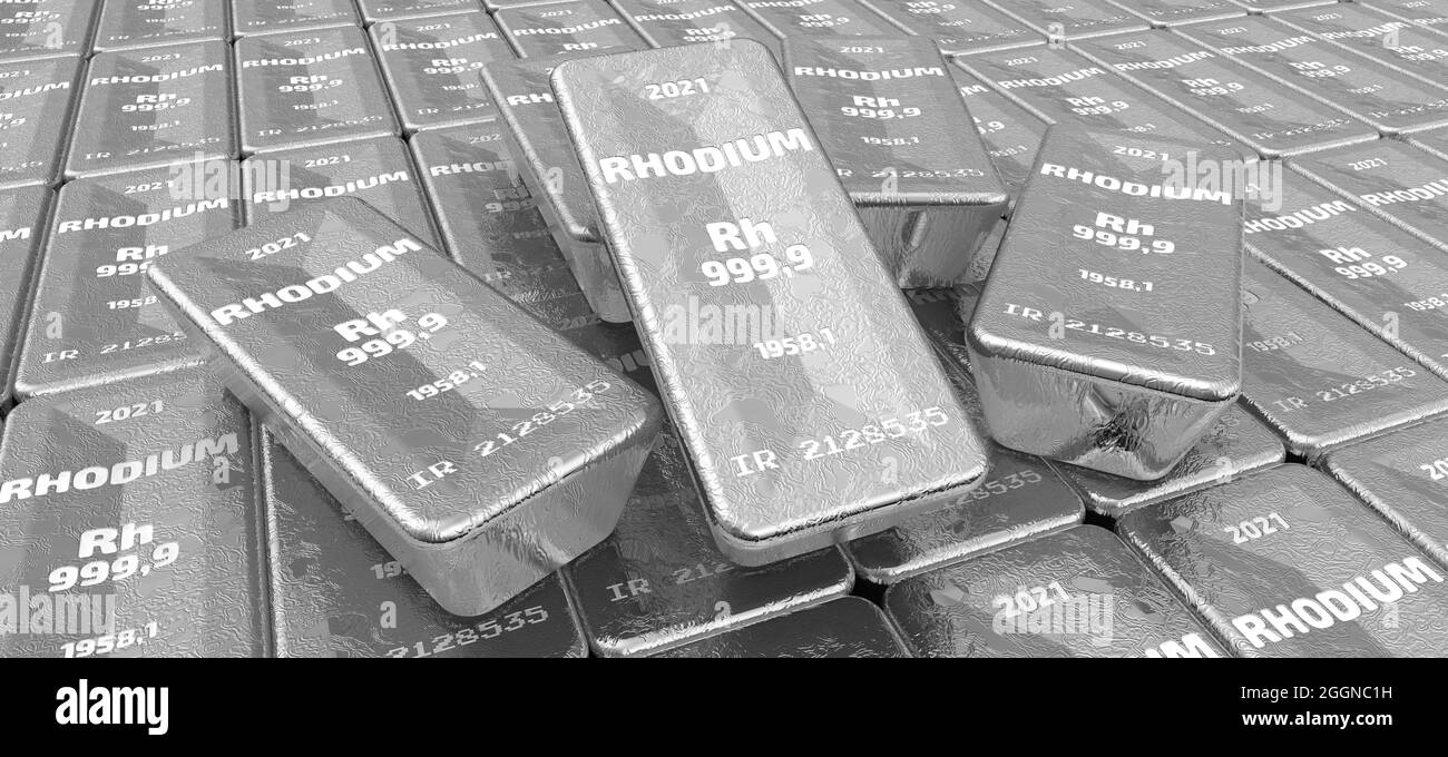 The highest standard rhodium bars. Lots of ingots of 999.9 Fine Rhodium lie in a row. Background. 3D illustration Stock Photo