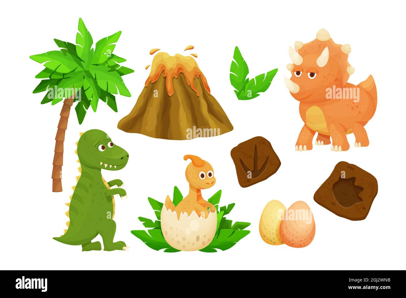 Set cute baby dinosaurs with dino egg, footprint, jurassic leaves, volcano and bones in cartoon style childish decoration isolated on white background Stock Vector