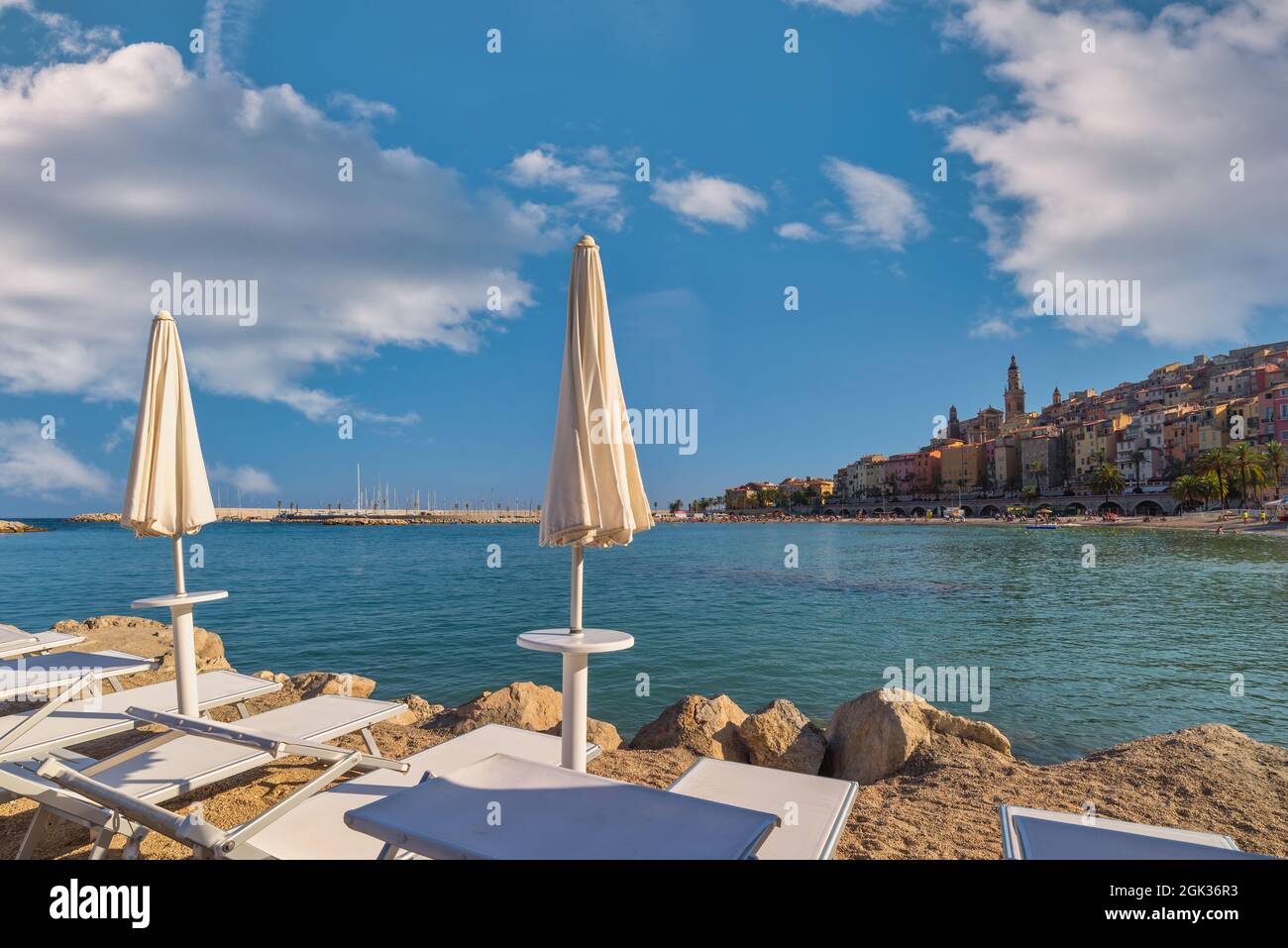 Menton France, city skyline and sand beach at Menton Stock Photo