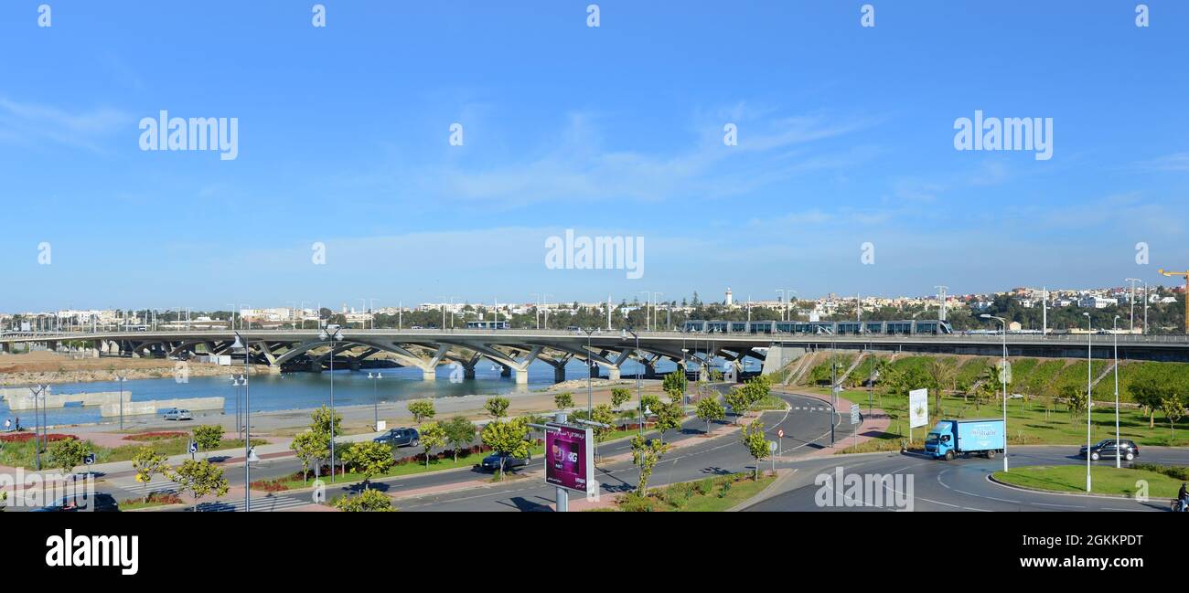 A modern tram crossing the Bou Regreg river between Salé and Rabat in Morocco. Stock Photo