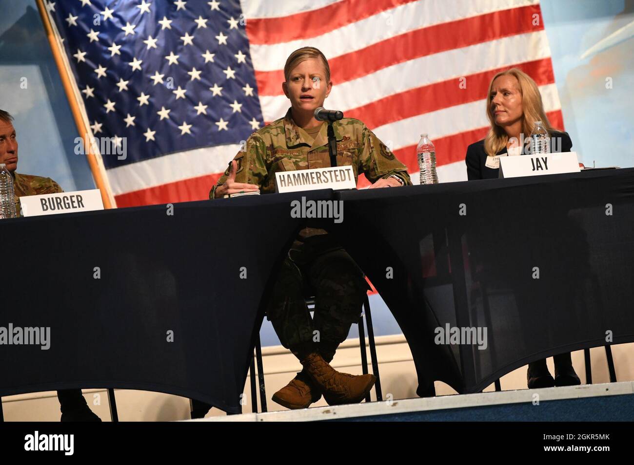 Brig. Gen. Jennifer Hammerstedt, Warner Robins Air Logistics Complex commander, speaks during the Robins annual “State of the Base” at the Museum of Aviation at Robins Air Force Base, Georgia, June 17, 2021. Base leaders gave updates on current base missions and proposed new mission sets, expanded partnerships, as well as to thank the Middle Georgia community for supporting the men and women of Robins. Stock Photo