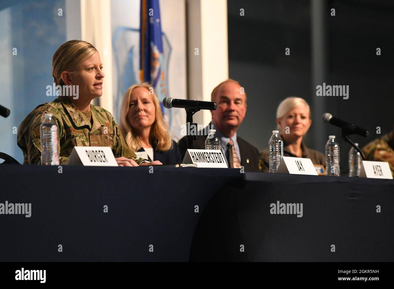 Brig. Gen. Jennifer Hammerstedt, Warner Robins Air Logistics Complex commander, speaks during the Robins annual “State of the Base” at the Museum of Aviation at Robins Air Force Base, Georgia, June 17, 2021. Base leaders gave updates on current base missions and proposed new mission sets, expanded partnerships, as well as to thank the Middle Georgia community for supporting the men and women of Robins. Stock Photo