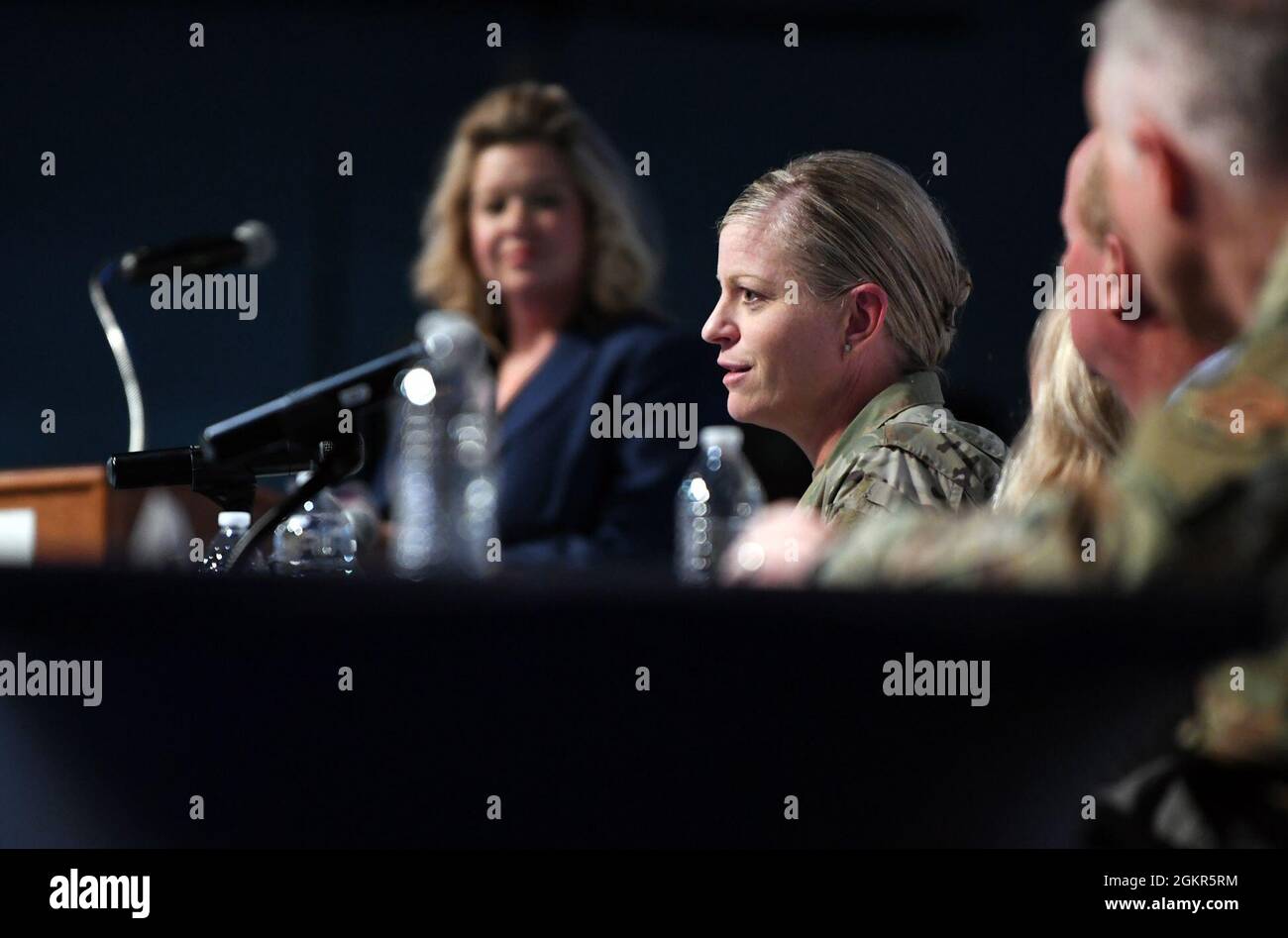 Brig. Gen. Jennifer Hammerstedt, Warner Robins Air Logistics Complex commander, speaks during the Robins annual “State of the Base” at the Museum of Aviation at Robins Air Force Base, Georgia, June 17, 2021. Base leaders gave updates on current base missions and proposed new mission sets, expanded partnerships, as well as to thank the Middle Georgia community for supporting the men and women of Robins. Stock Photo