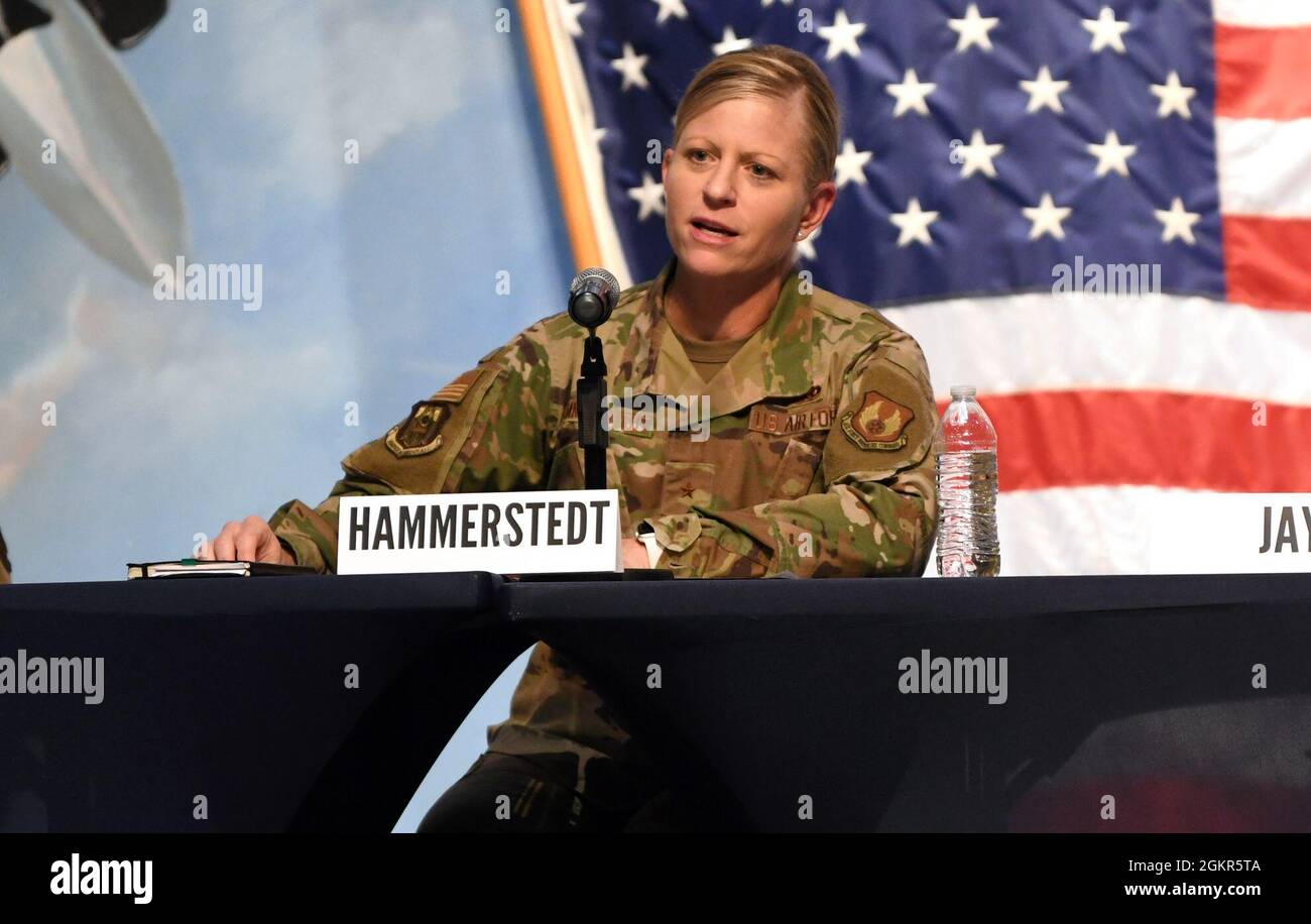 Brig. Gen. Jennifer Hammerstedt, Warner Robins Air Logistics Complex commander, speaks during the Robins annual “State of the Base” at the Museum of Aviation at Robins Air Force Base, Georgia, June 17, 2021. Base leaders gave updates on current base missions and proposed new mission sets, expanded partnerships, as well as to thank the Middle Georgia community for supporting the men and women of Robins. Stock Photo