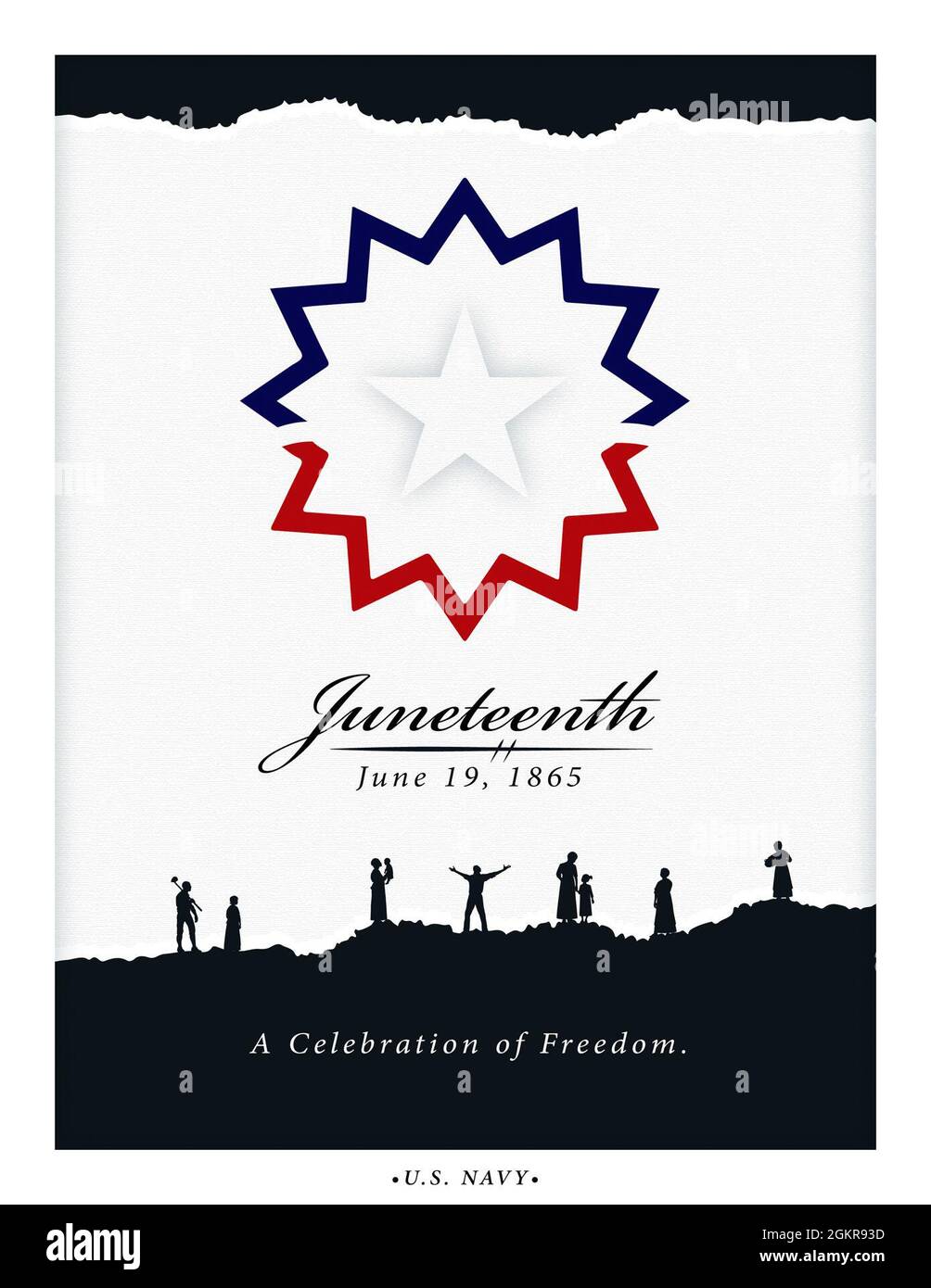 210618-N-BB269-1003 WASHINGTON (June 18, 2021) A digital illustration created in honor of Juneteenth. The design incorporates elements from the Juneteenth flag on a torn page. Silhouettes of freed Americans are depicted on the bottom page tear. Stock Photo