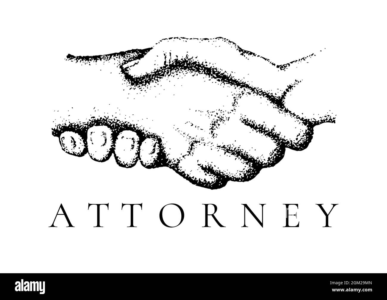 Digitally generated image of attorney text with hands shaking icon against white background Stock Photo