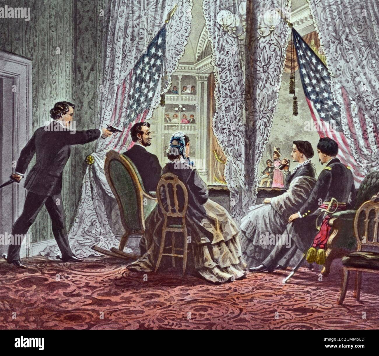 John Wilkes Booth leaning forward to shoot President Abraham Lincoln as he watches Our American Cousin at Ford's Theater in Washington, D.C. Stock Photo