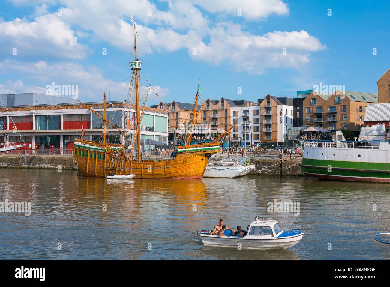 Bristol, view of the Floating Harbour and a replica of the sailing ship 'Matthew of Bristol' in which John Cabot discovered Newfoundland, Bristol UK Stock Photo