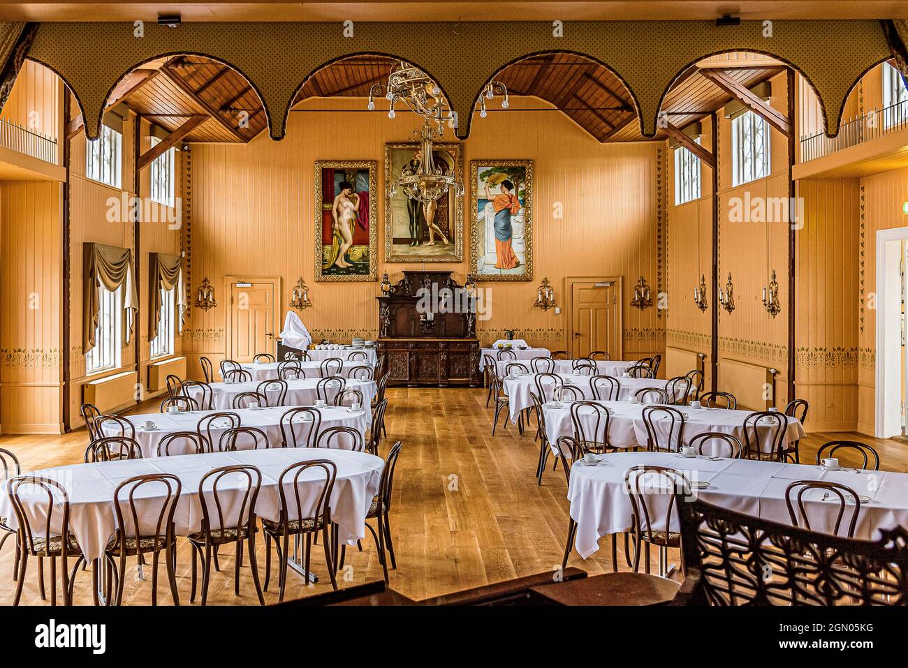 banquet hall in the Aarøsund seaside hotel from 1906, Aarosund, Denmark, August 27, 2021 Stock Photo