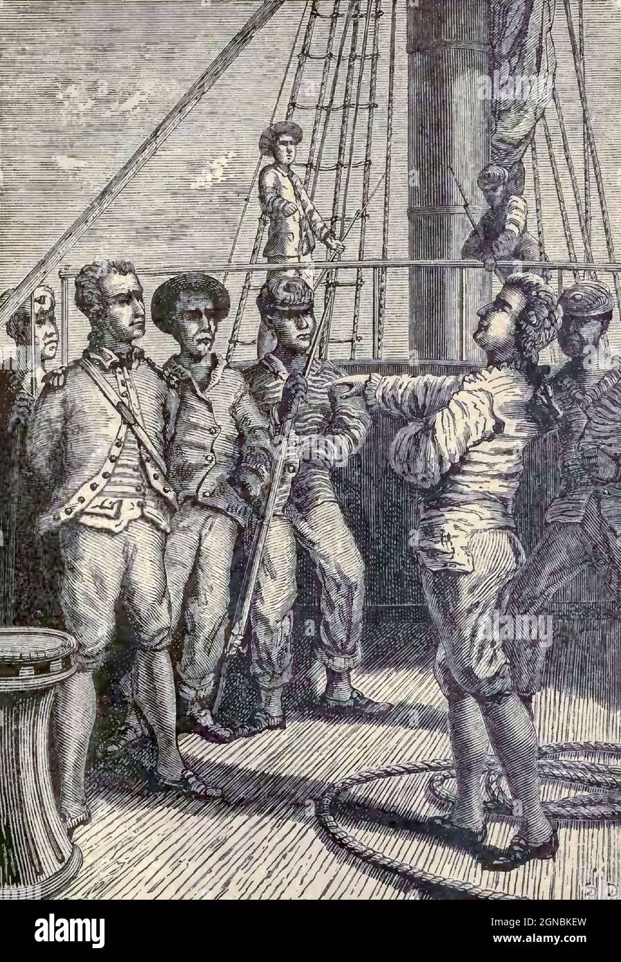 Captain Bligh in the power of the Mutineers. HMS Bounty, also known as HM Armed Vessel Bounty, was a small merchant vessel that the Royal Navy purchased in 1787 for a botanical mission. The ship was sent to the South Pacific Ocean under the command of William Bligh to acquire breadfruit plants and transport them to the West Indies. That mission was never completed owing to a 1789 mutiny led by acting lieutenant Fletcher Christian, an incident now popularly known as the mutiny on the Bounty. The mutineers later burned Bounty while she was moored at Pitcairn Island. Stock Photo