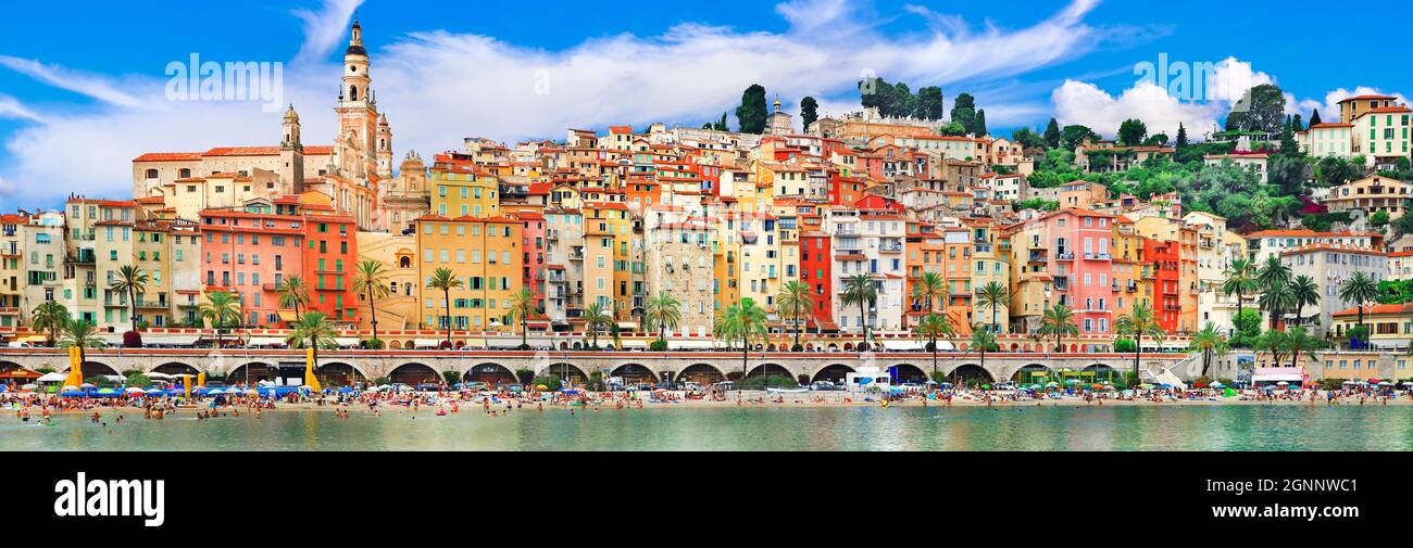 French summer holidays in Cote azure - Menton town with colorful houses. popular tourist destination in France Stock Photo