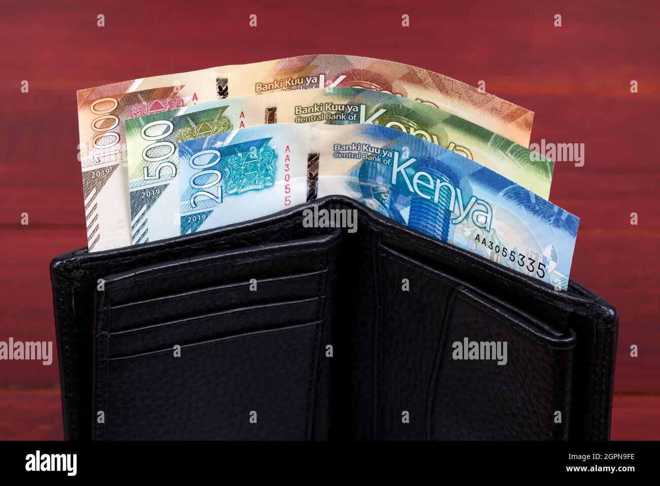 Kenyan Shillings in the black wallet Stock Photo