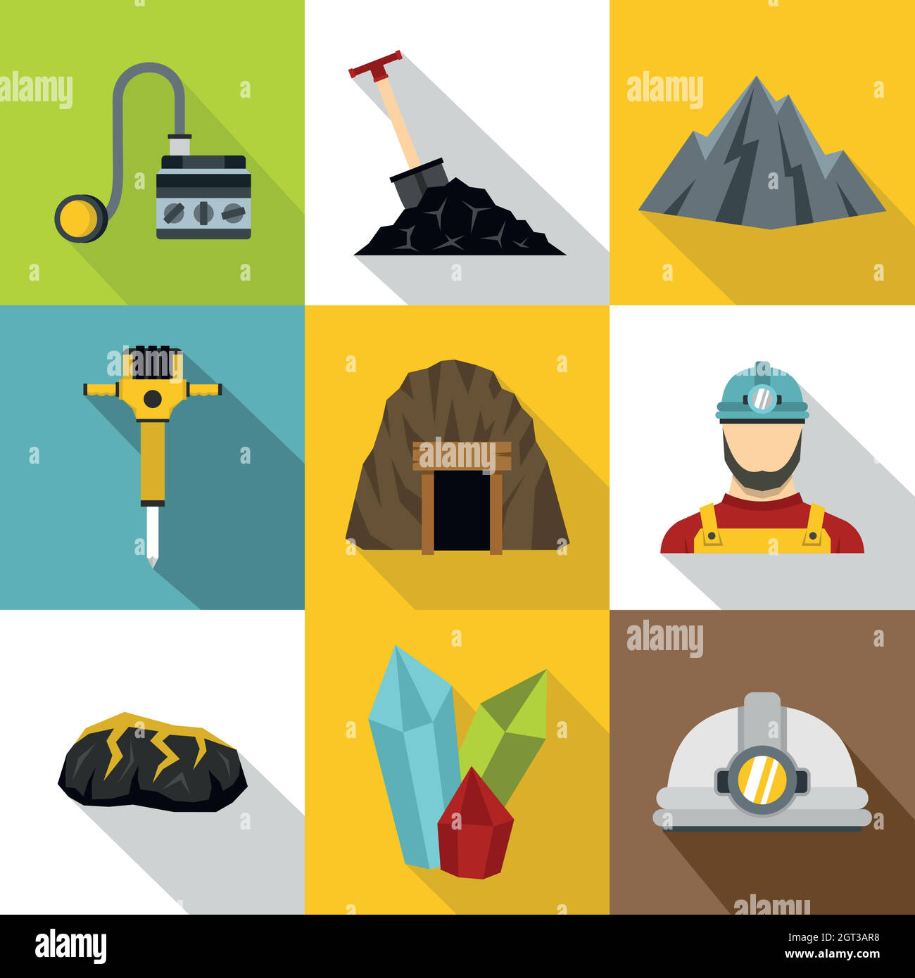 Mining activities icons set, flat style Stock Vector