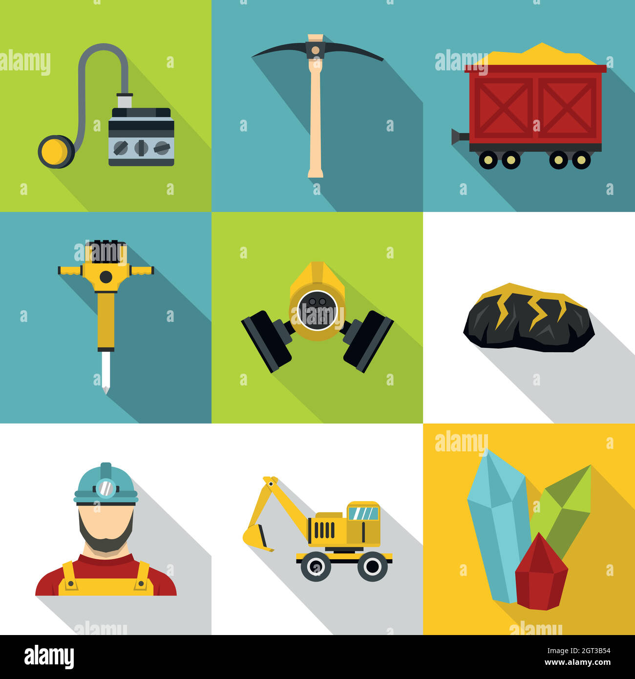 Coal mining icons set, flat style Stock Vector