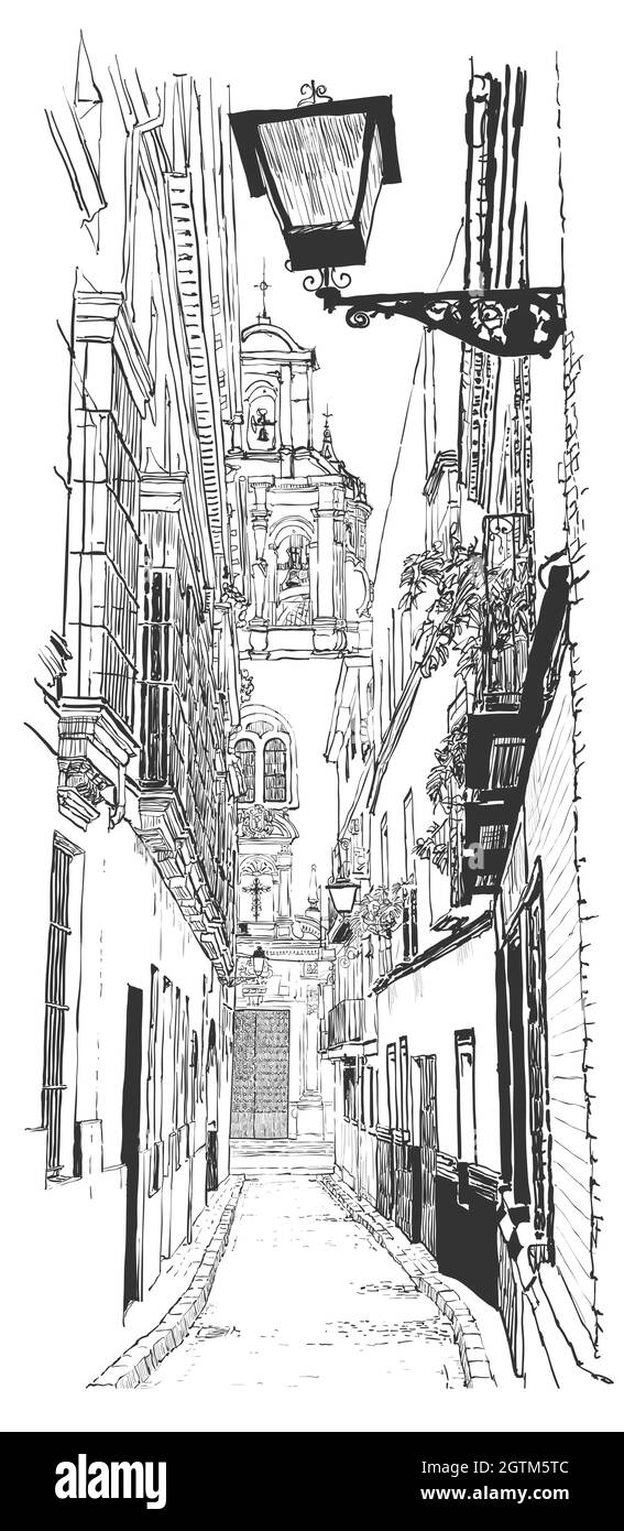 Representation of a street in the old town of Sevilla, Spain - vector illustration Stock Vector