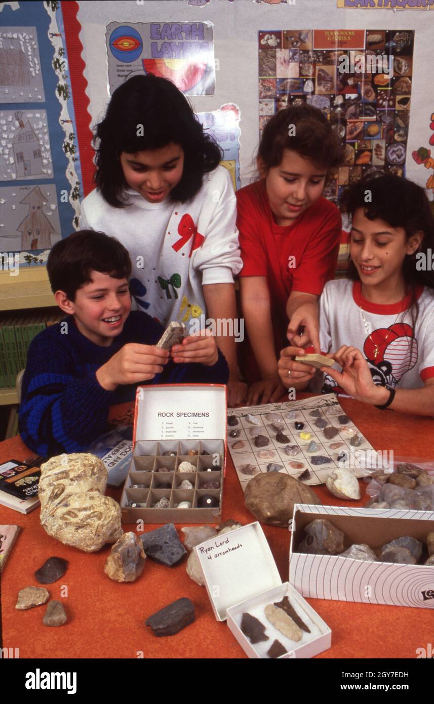 Austin Texas USA, 1990: Fifth-grade students look at collections of rocks and minerals during their science lesson. ©Bob Daemmrich Stock Photo