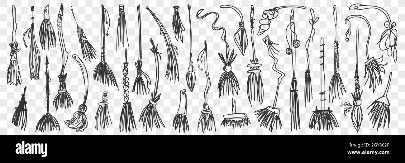 Brooms doodle set. Collection of funny hand drawn various brooms for homework and cleaning isolated on transparent background. Illustration of househo Stock Photo