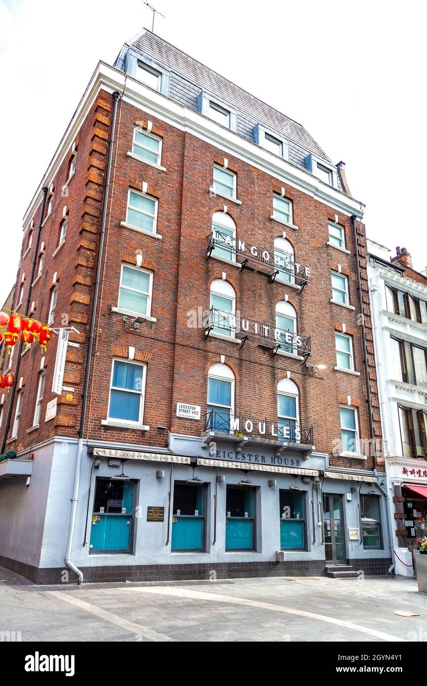 Exterior of Leicester House, formerly Hotel du Commerce in Soho / Leicester Square, London, UK Stock Photo