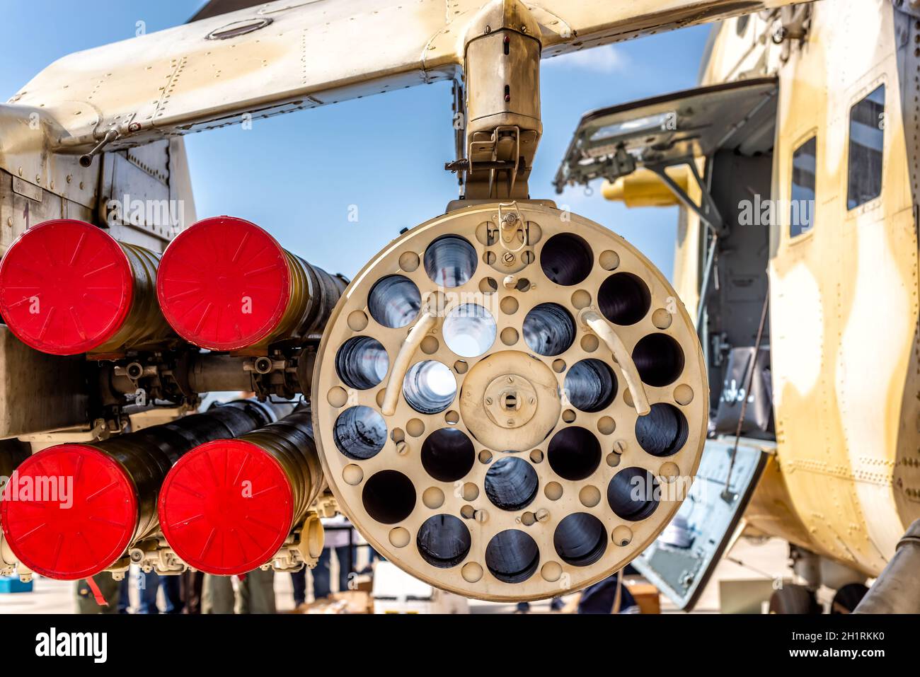 Rocket launchers of a military helicopter Stock Photo