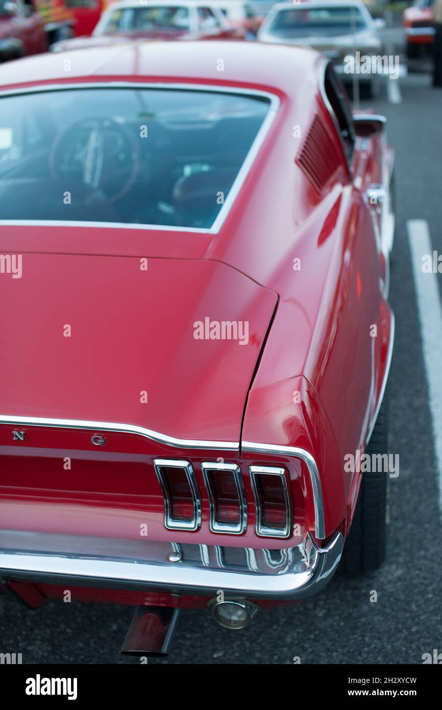 Red Ford Mustang Fastback at a car show in Brossard, Quebec, Canada; this car is the same used by Steve McQueen in the Bullit movie Stock Photo