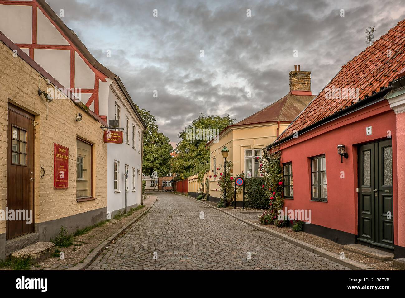 Ystads antivariat at lilla östergatan, an picturesque street an early morning, Ystad, Sweden, September 15, 2021 Stock Photo