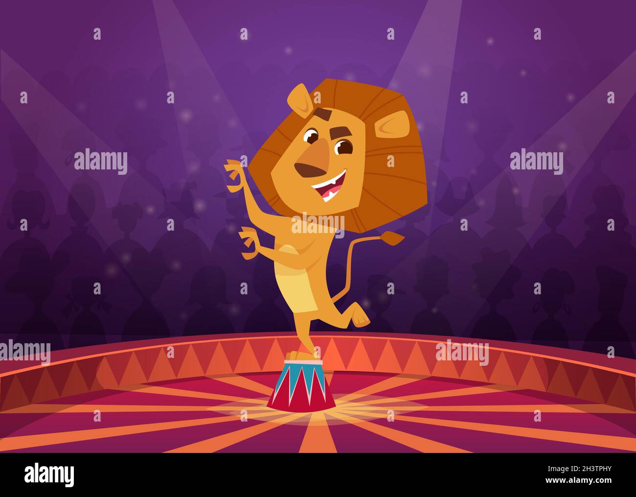 Lion in circus. Wild angry lion acrobat jumping in fire circle circus performer show vector cartoon background Stock Vector