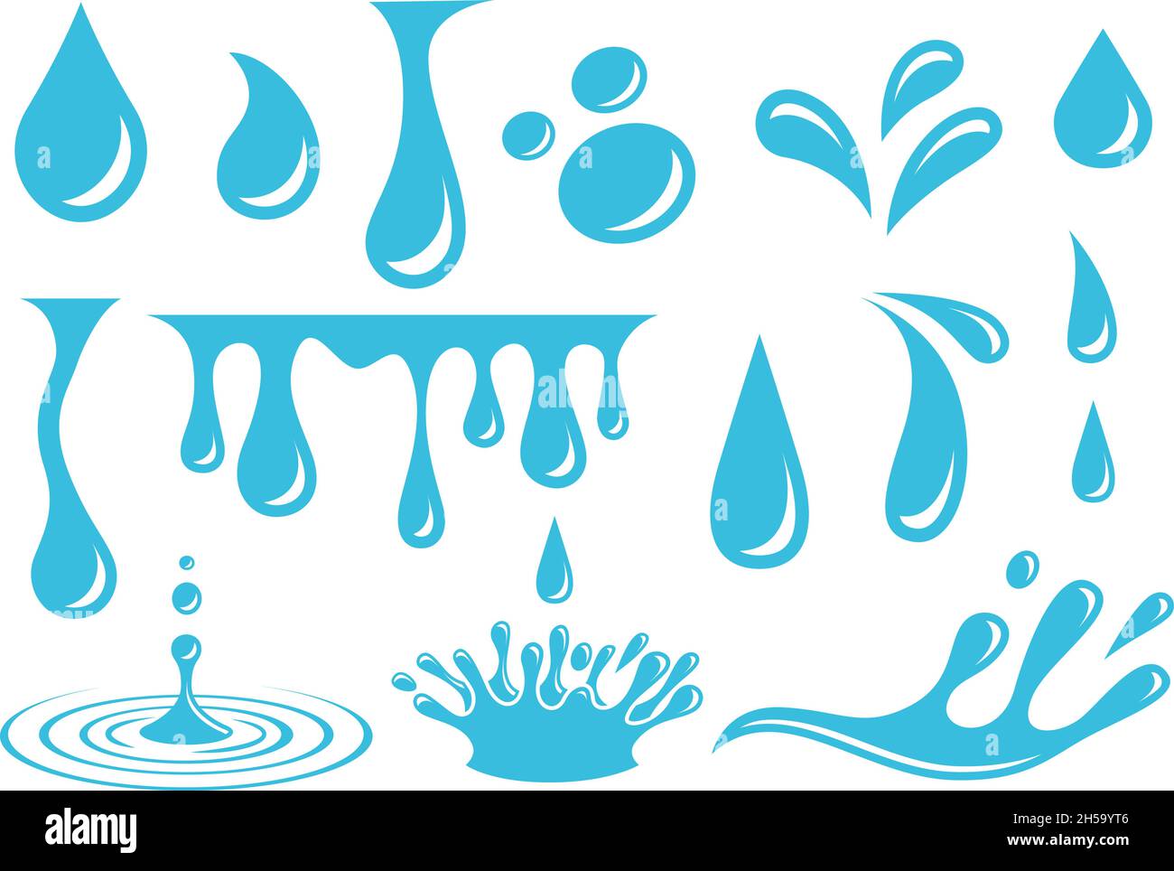 Cartoon water drops. Isolated drop, crying tears elements. Flat sweated drip, blue liquid splash. Falling rain, splashing exact vector clipart Stock Vector