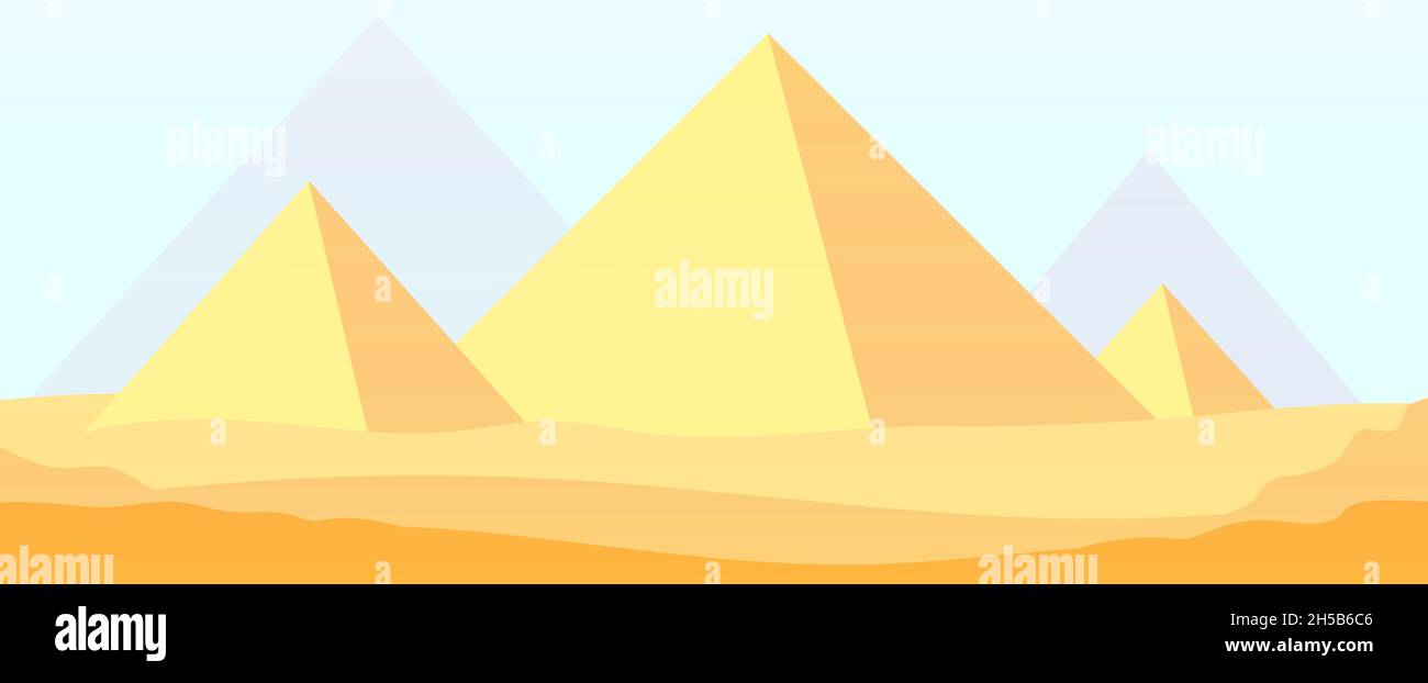 Egypt pyramids background. Ancient sunlight pyramid landscape, old history architecture. Flat cartoon egyptian desert utter vector panorama Stock Vector